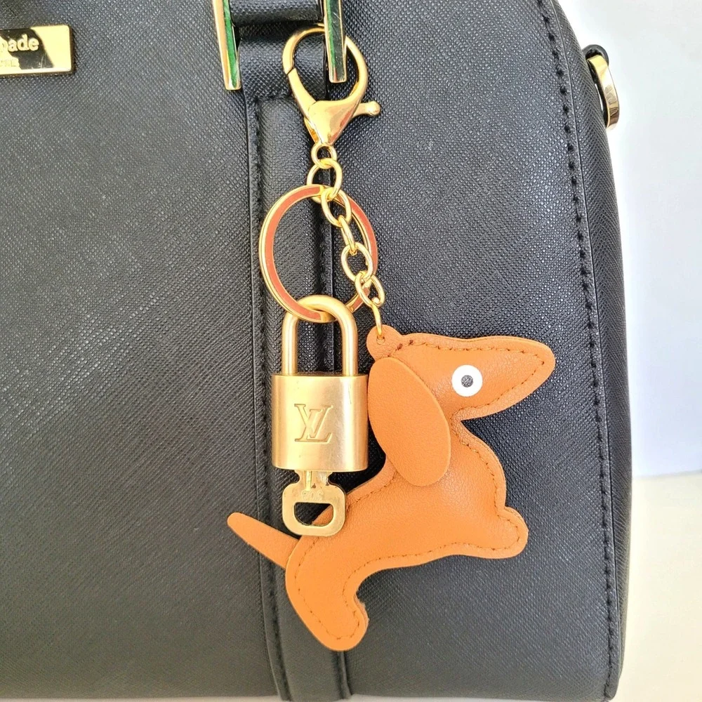 Louis Vuitton Padlock 308 & Leather Dachshund Dog Bag Charm Keychain Gold Brown